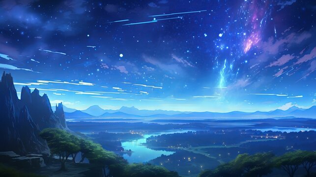 Starry night anime scenery: captivating 4K image of tranquil beauty and cosmic wonder, wallpaper, Generative AI © Ameer