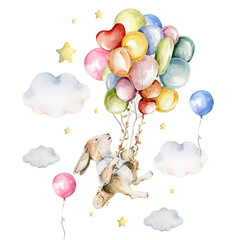Watercolor baby birthday party set Hand painted clouds, air balloons, cute little flying bunny, rabbit, stars. Isolated on white background Illustration for baby shower card invite, nursery decor