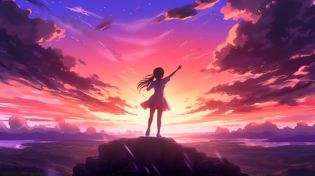 Silhouette of a girl - Anime girl silhouette embracing a mesmerizing sunrise on hilltop, wallpaper, Generative AI