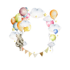 Watercolor baby birthday frame Hand painted set of wreath of clouds, air balloons, cute little bear, stars. Isolated on white background Illustration for baby shower invite, card design, nursery decor