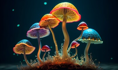 Psychedelic Decorative mushrooms. Image created with Generative AI technology