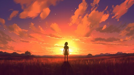 Obraz premium Silhouette of a girl on a sunset - Anime girl silhouette at sunset: breathtaking 4K digital artwork of grace and contemplation, wallpaper, Generative AI