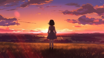 Girl in the sunset - Graceful anime girl silhouette at sunset: 4K digital artwork depicting contemplation and serenity, wallpaper, Generative AI