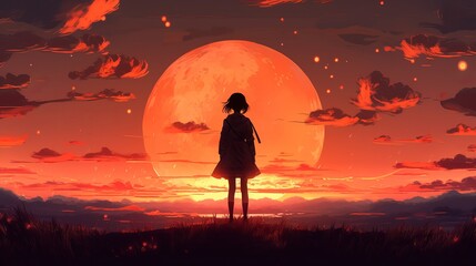 Silhouette of a girl - Horizon of serenity: anime girl silhouette in captivating 4K digital artwork, wallpaper, Generative AI