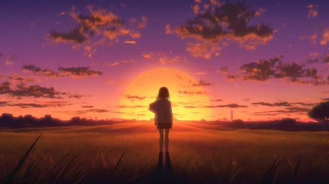Graceful anime girl silhouette at sunset: 4K digital artwork depicting contemplation and serenity - silhouette of a girl in a field, wallpaper, Generative AI