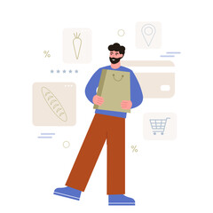 Man holding shopping bag, thinking about order food in online supermarket. Buying new goods via Internet. Electronic commerce benefits. Age of digital environment. Vector flat illustration