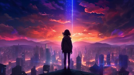 Futuristic anime girl silhouette: nighttime metropolis with neon lights, wallpaper, Generative AI