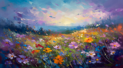 Abstract art oil painting of field flowers. Impressionist style. Generative AI.