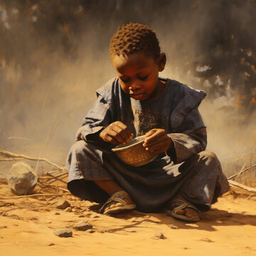 African hungry boy sits on the ground and eats. Generative AI.