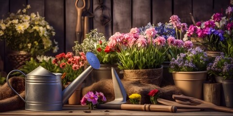 Gardening, different spring and summer flowers, gardening tools on garden table. generative ai