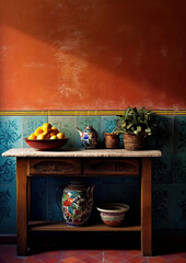 Obraz na płótnie Canvas blank wall Mexican style interior mockup kitchen