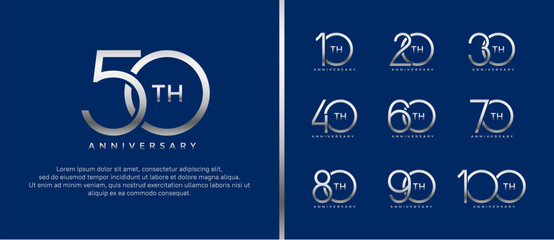 Fototapeta set of anniversary logo silver color on blue background for celebration moment obraz
