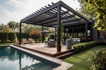 Obraz na płótnie Canvas Trendy outdoor patio pergola shade structure, awning and patio roof, pool, garden lounge, chairs, metal grill surrounded by landscaping, generative AI