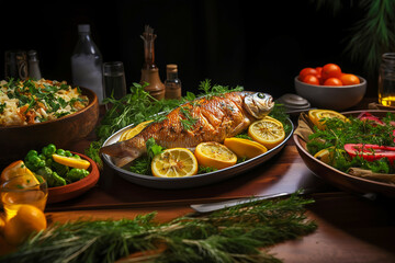 Fototapeta na wymiar Baked fish with lemon. Serving meals from the chef. Generative AI