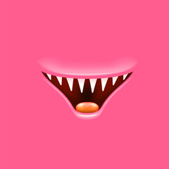 Vector Cartoon open mouth with fangs isolated on pink background. Funny and cute pink funny Halloween Monster open mouth with big vampire fangs. jaws and mouth of the beast cartoon illustration