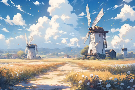 Rural landscape, windmills in the field. Anime illustration