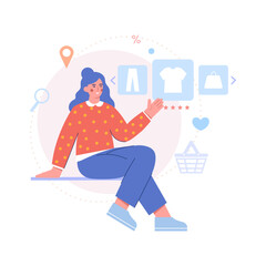 Female selecting clothes in store, shopping online. Cartoon character buying new items of clothing over Internet and in supermarket. Process of choosing goods online. Flat vector illustration