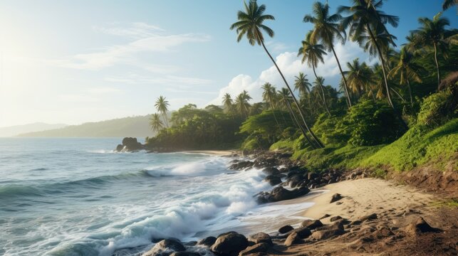 An Illustration of a Lush Tropical Coastline - Background Depicting Vibrant Flora and Crystal Clear Waters - Inviting the Viewer to Escape to Paradise - Wallpaper created with Generative AI Technology