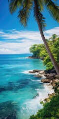 Fototapeta na wymiar An Illustration of a Lush Tropical Coastline - Background Depicting Vibrant Flora and Crystal Clear Waters - Inviting the Viewer to Escape to Paradise - Wallpaper created with Generative AI Technology
