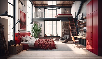 a bedroom in an attic apartment with a large window in red