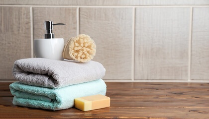 Bathroom set with clean towels, sponges, soap dispenser on wooden table. Space for text