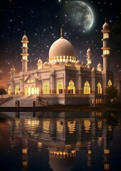 Fototapeta na wymiar amazing architecture design of muslim mosque at Night ramadan, Generative AI
