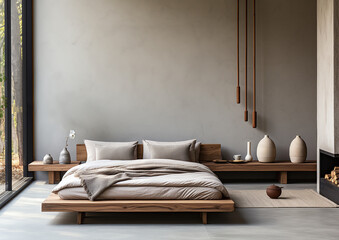  blank wall Japandi style interior mockup bedroom