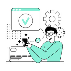 Male holding smartphone and paying with credit card. Simple financial management. Successful payment. Control over costs and profits. Reliable deposit, profitable interest. Vector illustration