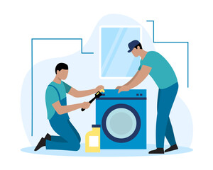 Repair workers in uniform stand near the washing machine and carry out inspection. Installing washing machine in new flat. Vector flat illustration in blue and yellow colors