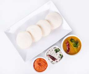 Famous south Indian dish idli with sambar and chutney