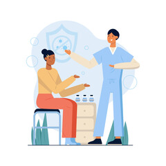 Male doctor talking with female patient. Vaccination, inoculation. Timely protection against disease. Precautionary anti-epidemic agent. Vector flat illustration in blue and red colors