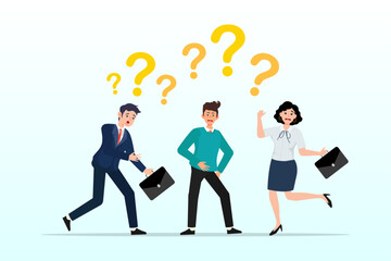 Fototapeta na wymiar Businessman and woman team thinking with question mark symbol, confused business team finding answer or solution to solve problem, work question or doubt and suspicion in work process concept (Vector)