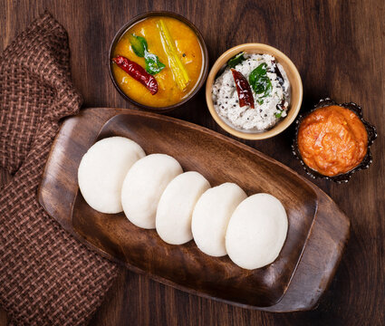 Famous south Indian dish idli with sambar and chutney