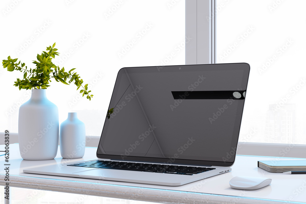 Aufkleber Close up of clean designer office desktop with black mock up computer monitor, reflections, decorative vase with plant, other objects and window with city view in the background. 3D Rendering.