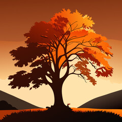 Autumn landscape with a tree in the foreground. Vector illustration.