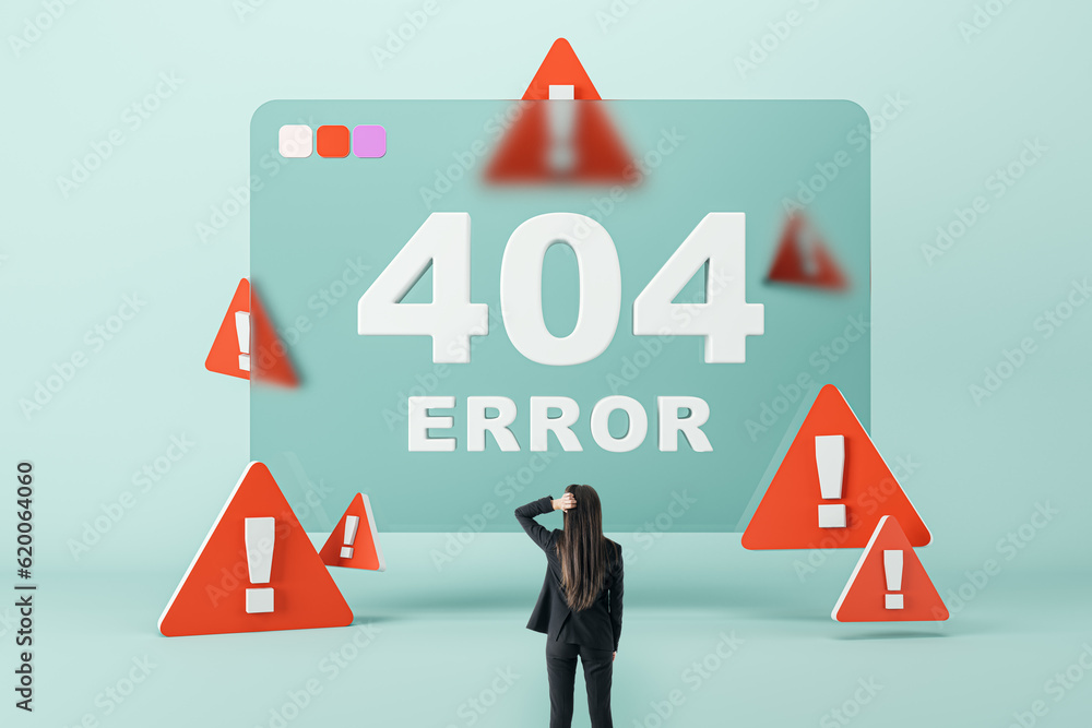 Poster Back view of stressed young businesswoman looking at abstract 404 error with caution marks on blue background. Page not found mistake and support concept.