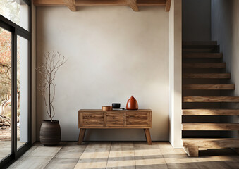 blank wall Japandi style interior mockup wooden table near wall with detail vignettes

