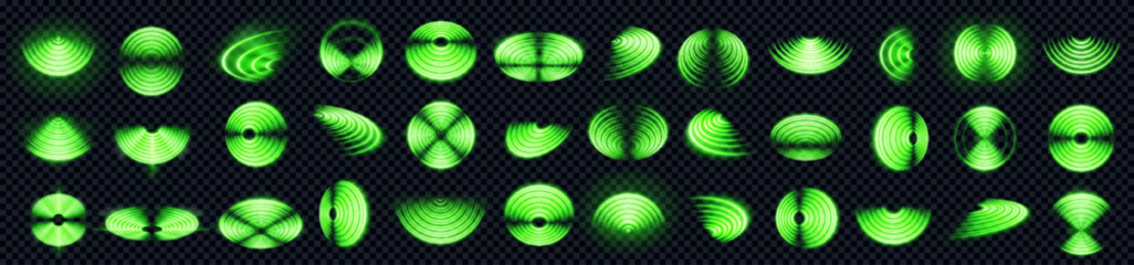 Realistic set of green radio wave signal signs isolated on transparent background. Vector illustration of radial symbol of wifi connection, sound spread, pulse effect, vibration frequency, radar area