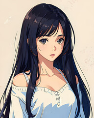 A pretty looking manga girl with very long black hair, ai generated