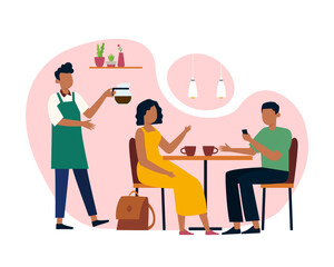 Female sitting at table with man and drinking coffee, waiter brings drink. Experienced coffee shop workers serving clients. Process of making cappuccino at coffee shop. Vector flat illustration