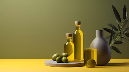 Olive oil concept on empty background with matte color