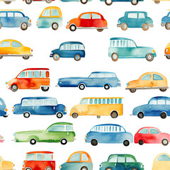 Grafisches nahtloses Muster mit kindlichen bunten Autos im Wasserfarben, Aquarell Stil, KI generiert