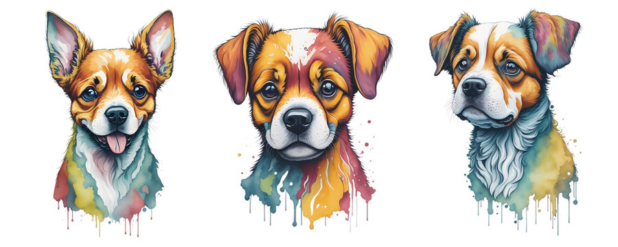Portrait of Cute Baby Dog Puppy Watercolor Splash Style Drawing Isolated Transparent Background. Generative Ai