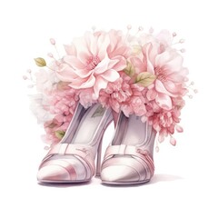 a hyper realistic oil watercolor illustration of wedding vacation pink and white floral bridal heel