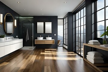 a design bathroom, with a wood floor, black wall, italian shower.