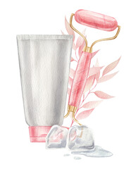 Watercolor cream and massage roller and ice cube. Composition with beauty tools.