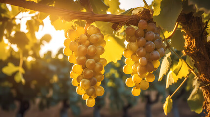 Grapes hanging from a tree branch in a vineyard at sunset