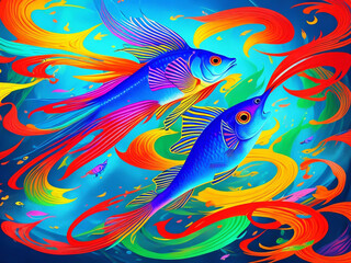 Painting depicts two elegant blue fish swimming gracefully in the depths of the sea, their scales adorned with intricate and vibrant patterns.