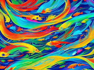Painting depicts a mesmerizing scene with a multitude of colorful fish swimming gracefully through the vibrant waters, creating a breathtaking display of aquatic beauty.