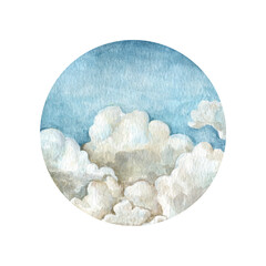 Hand painted watercolor sky and clouds.
  Abstract background drawn in a circle.